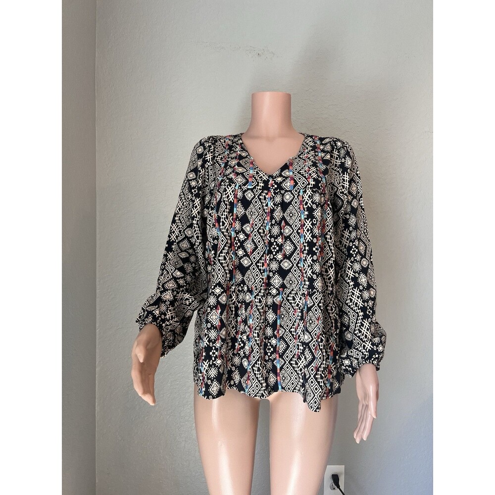 Savanna Jane Embroidered Print Peasant Top Size Large Bell Sleeve Blouse #93